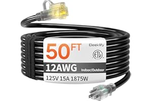 DEEKLIFY 12 Gauge 50 FT Heavy Duty Outdoor Extension Cord Waterproof with Lighted End,Black 12 Gauge Extension Cord Flexible and Cold Resistant 3 Prong Grounded Plug,15Amp 1875W SJTW ETL Listed