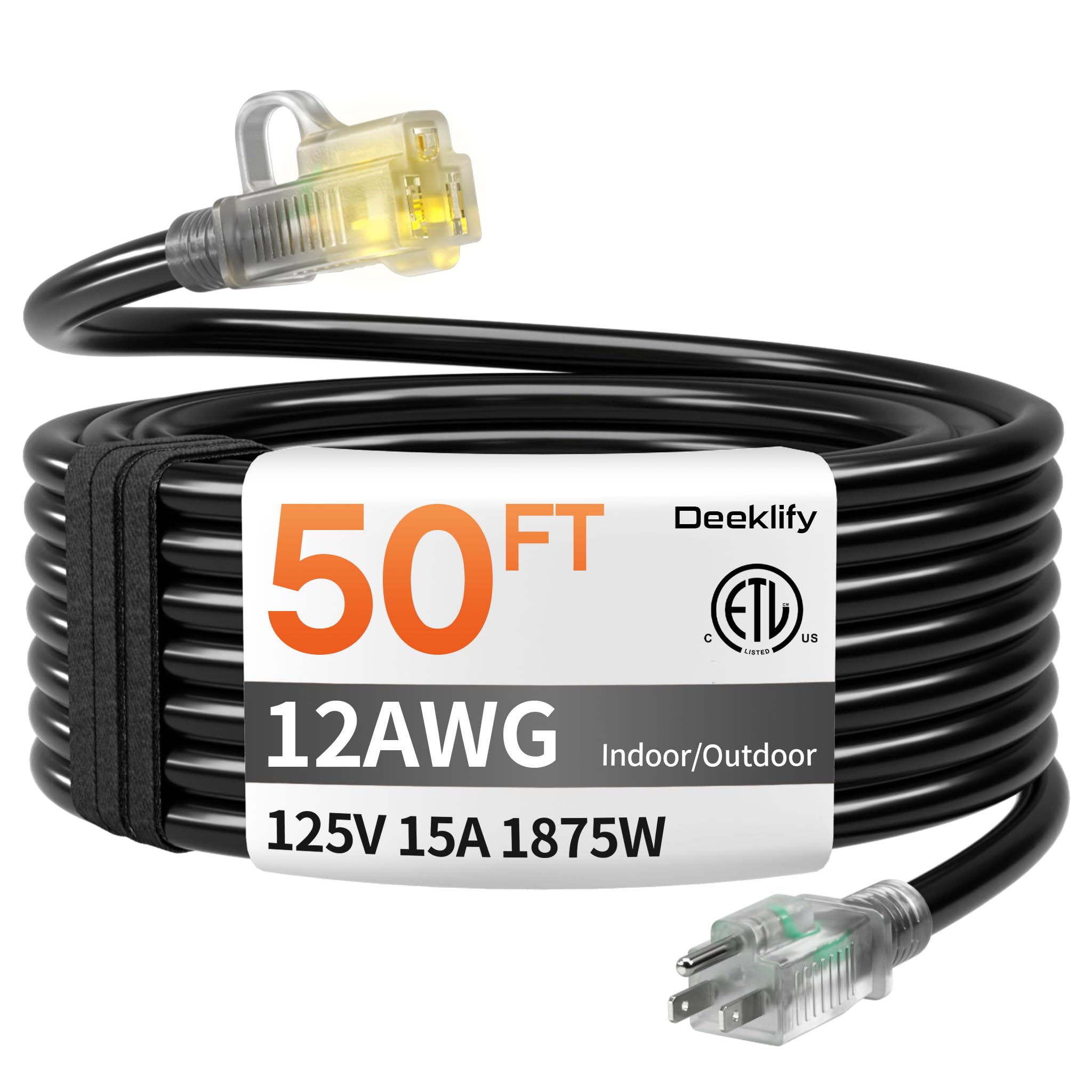 Photo 1 of 12/3 50 FT Heavy Duty Outdoor Extension Cord Waterproof with Lighted End,Black 12 Gauge Extension Cord Flexible and Cold Resistant 3 Prong Grounded Plug,15Amp 1875W SJTW ETL Listed