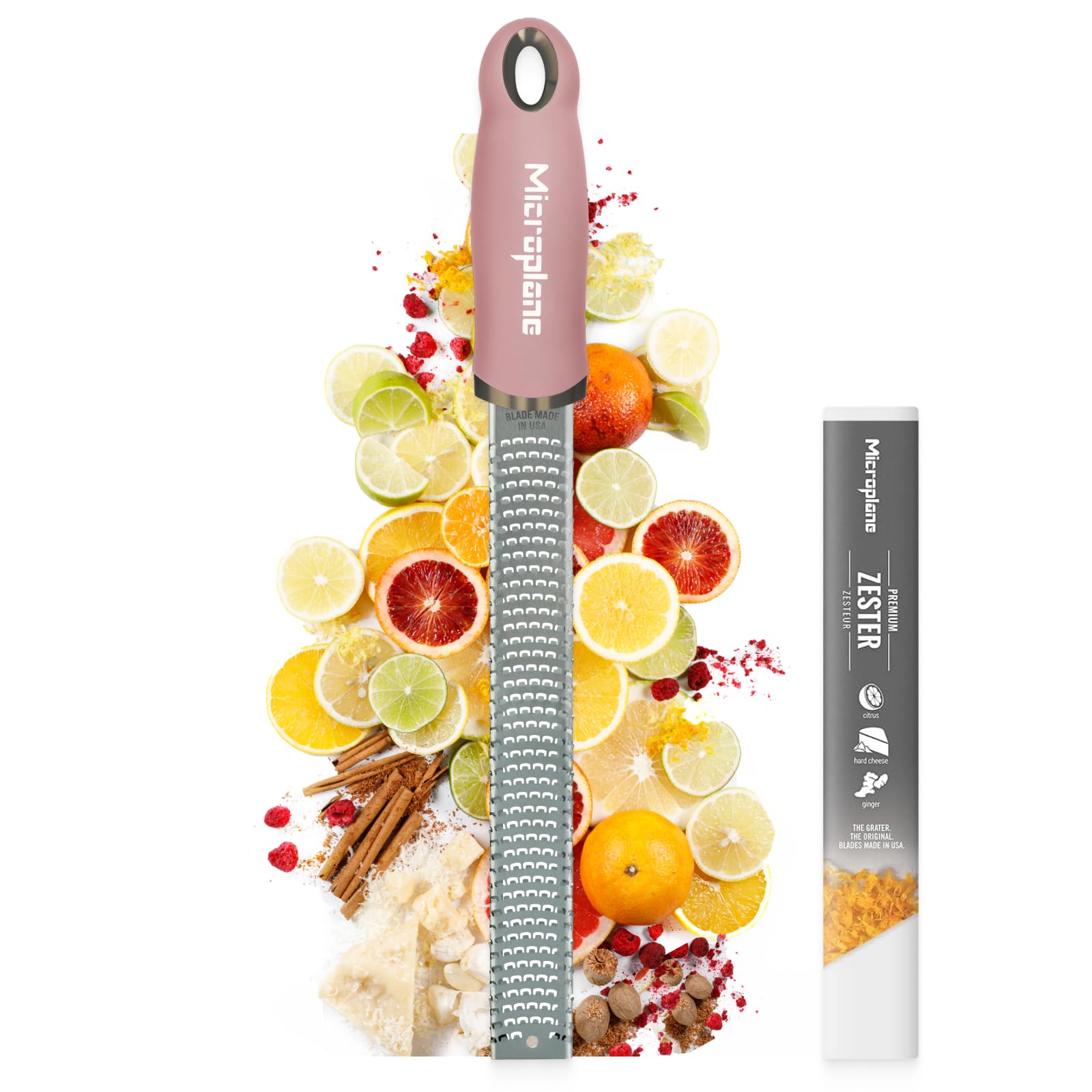 Microplane Zester Grater in Dusty Rose for Citrus Fruits, Hard Cheese, Ginger, Chocolate and Nutmeg with Fine Stainless Steel Blade - Made in USA