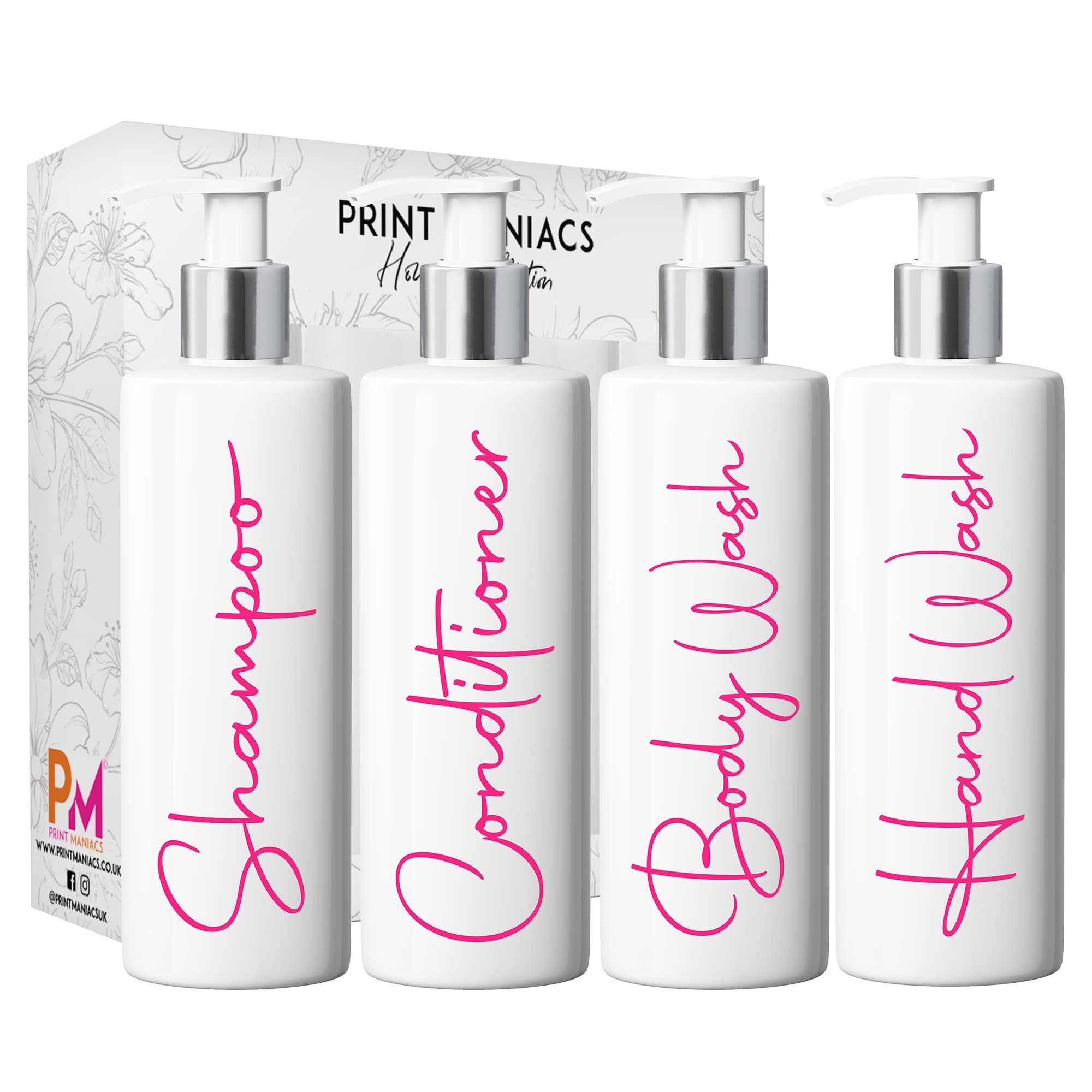 Print Maniacs White Mrs Hinch Inspired Personalised 500ml Pump Bottles Bathroom Lotion Kitchen Set Shampoo Conditioner ( Hand Wash Set , F2) (Pink)
