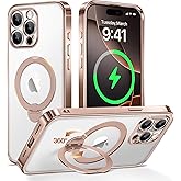 Desert Titanium for iPhone 15 Pro Max Case With 360° Spin Magnetic Stand,[Compatible With Magsafe] [Military Protection][Built-in Ring Holder]Shockproof Phone Case for 15 Pro Max,Rose Gold/Clear