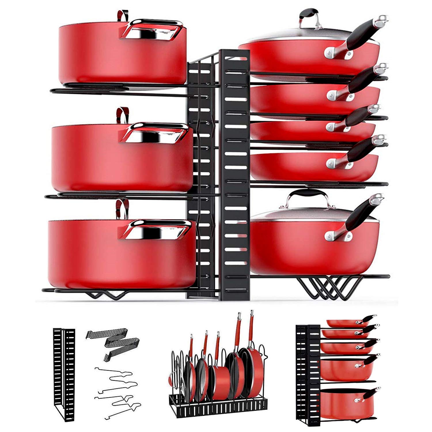 ARVINKEY Pot Rack Organizers, 8 Tiers Pan Organizer Rack for Cabinet, Adjustable Pot Lid Holders & Pan Rack With 3 DIY Methods for Kitchen Counter