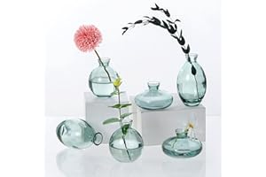 FIAHOSEY Glass Bud Vases, Set of 6 Green Vases for Flowers Small Flower Vases in Bulk for Wedding Centerpieces Floral Arrangements Living Room Home Decoration