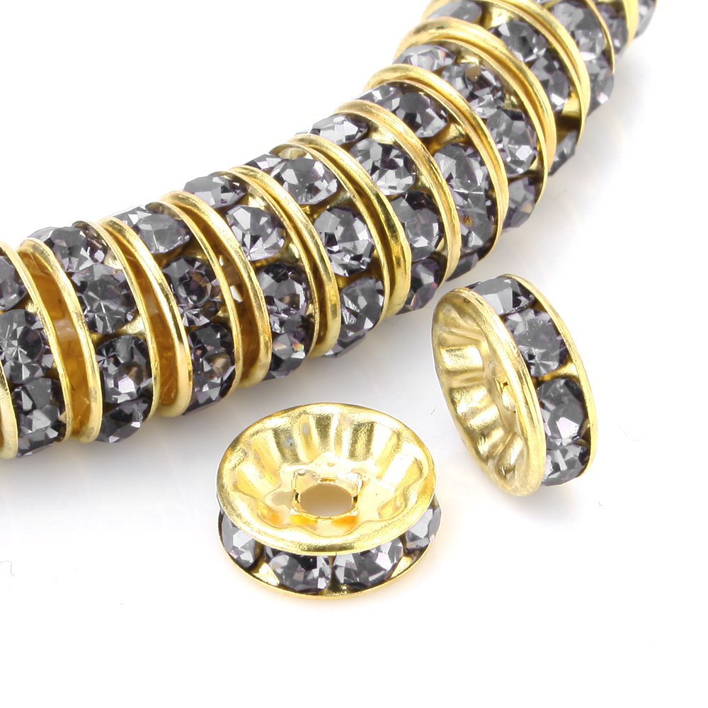 RUBYCA 100pcs Round Rondelle Spacer Bead Gold Tone 10mm Gray Czech Crystal — image 1