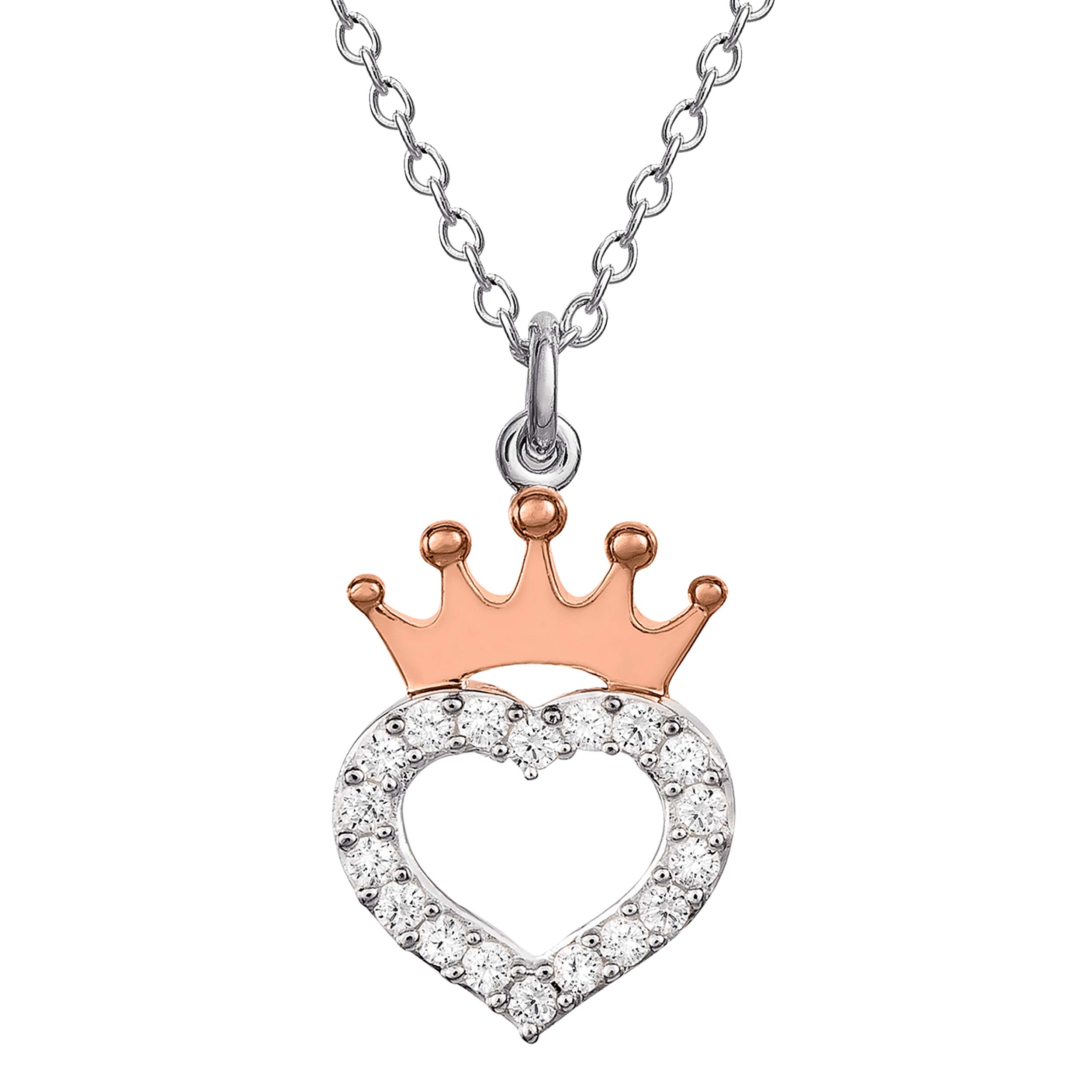 Disney Princess Pink Gold Over Sterling Silver Cubic Zirconia Heart Crown Necklace, 18"