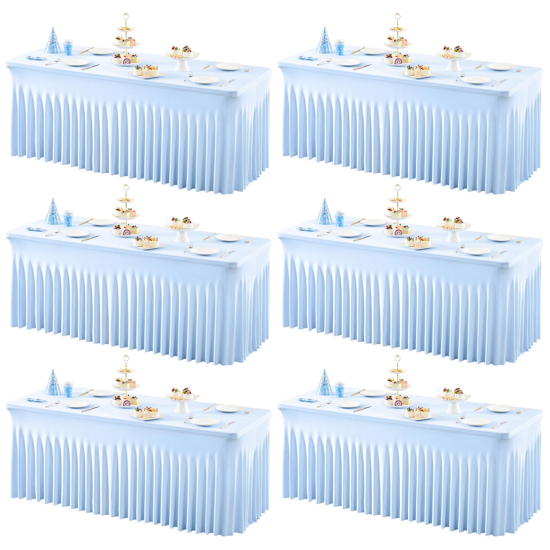 Photo 1 of 6 Packs Baby Blue Table Clothes for 6 Foot Rectangle Tables, One-Piece Wrinkle Resistant Stretch Spandex Table Covers with Skirt for Event Banquet Wedding Birthday Party