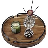 LESUTI Round Wooden Serving Tray - Rustic Style Decorative Tray for Coffee Table, Living Room, Vanity - Acacia Wood Tray with Handles - Housewarming Gift - 12 Inches (Diameter)