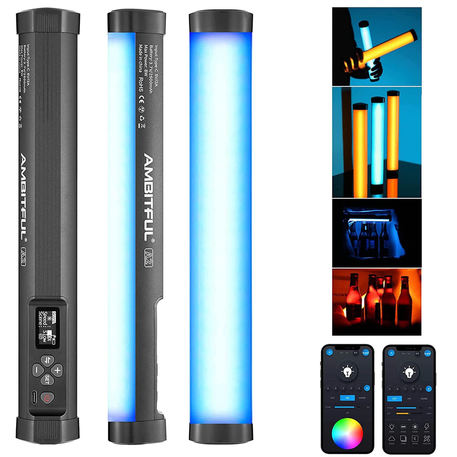 AMBITFUL A2 Full-Color RGB Tube Light, CRI 95 TLCI 97 Accurate Color,2500k-8500K Adjustable,RGB CCT HSI Mode, 29 Fx Light Effect,APP Control Support, Magnet Design (A2)