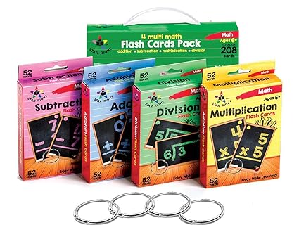 Star Right Multi Math Flashcards Pack - Addition, Subtraction, Multiplication, & Division - 1 Ring and 52 Hole Punched Cards Per Set - 208 Cards Total