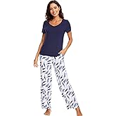 WiWi Womens Viscose from Bamboo Pajamas Set Short Sleeve Top with Pants Pjs Soft V Neck Sleepwear Lightweight Loungewear S-3X