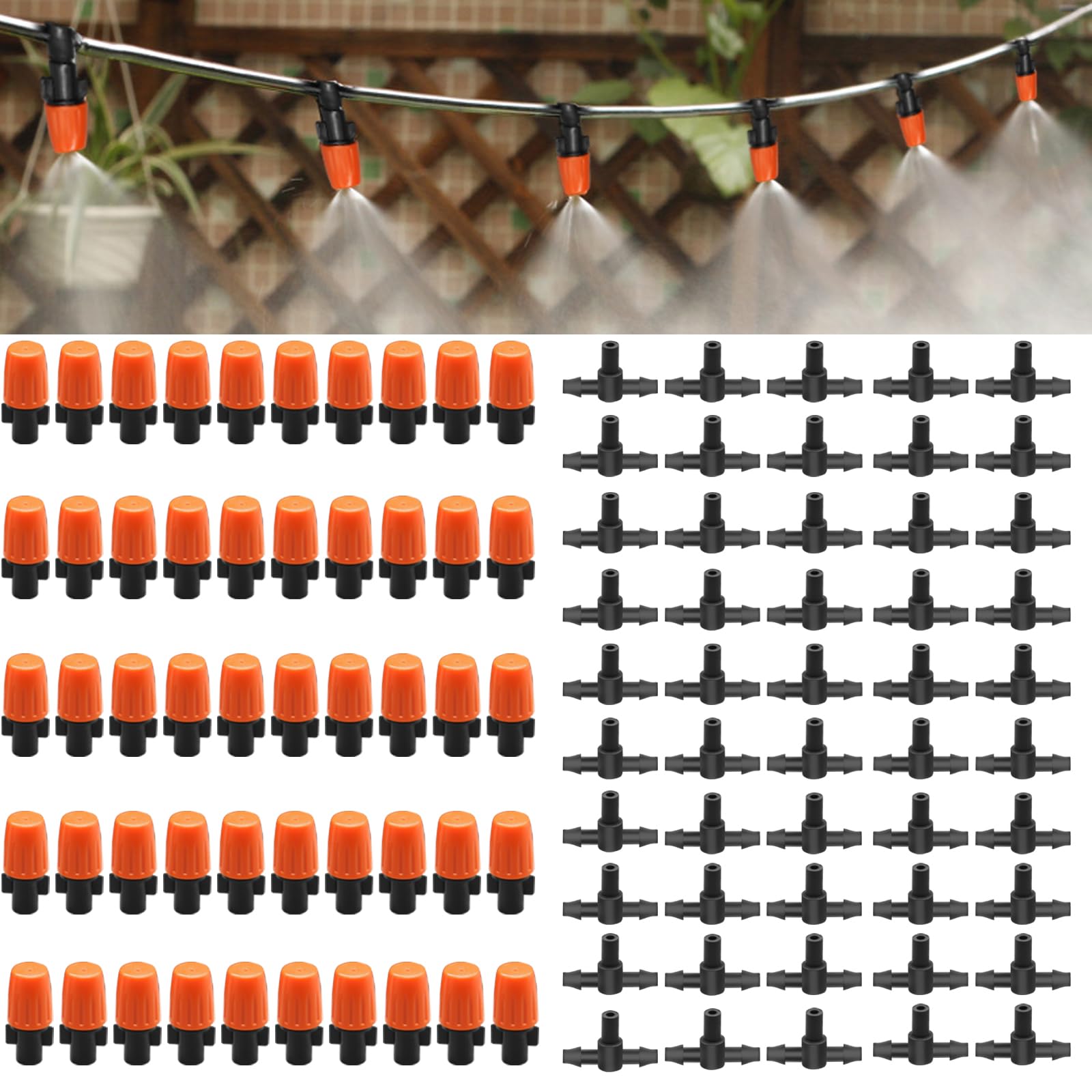 50Pcs Drip Irrigation System Emitters, Irrigation System for Garden Adjustable Flow 360 Degree Sprayer with Tee Fittings for 1/4" Drip Irrigation Tubing Kit Parts for Greenhouse Garden Lawn Parterre