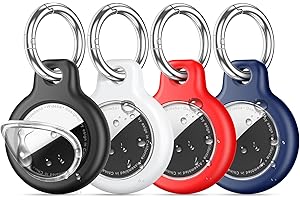 INESORE 4 Pack IPX8 Waterproof Airtag Holder airtag Keychain for Apple AirTags with Air Tag Keychain,Silicone GPS Cover+TPU Clear Waterproof Cover Air-Tag Item Finders Case for Pets,Kids-Black/White/Red/Blue
