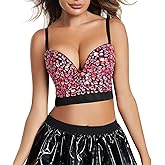 Charmian Women's Spaghetti Straps Rhinestone Beaded Clubwear Bustier Crop Top Bra