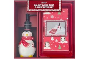 Indecor Home Penguin Designed, 3 Piece Ceramic Penguin Soap Pump Dispenser and Tray Set with Printed Paper Guest Napkins, Festive Christmas Bathroom Decor Accessories Red