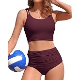 Charmo Women's High Waisted Bikini Sets Two Piece Swimsuit with Pockets | High Waisted，2 Side Pockets，Adjustable Spaghetti Straps，Built in Bra，Ribbed Material，2 Piece