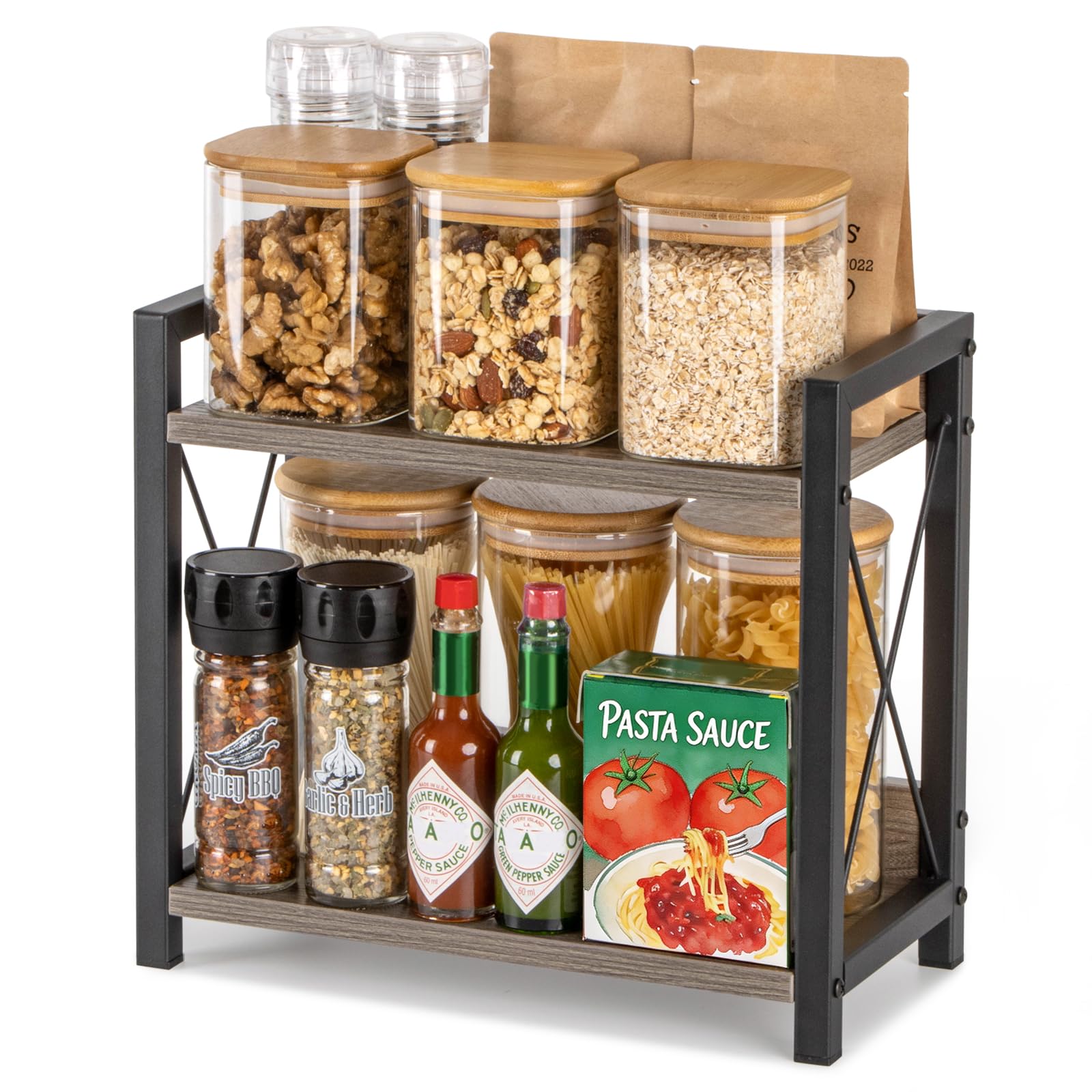 ANBOXIT Coffee Station Organizer, Wooden Kitchen Countertop Organizer, 2 Tier Small Spice Rack, Hot Chocolate Station Stand, Coffee Storage Shelf for Kitchen, Office, Home - Grey