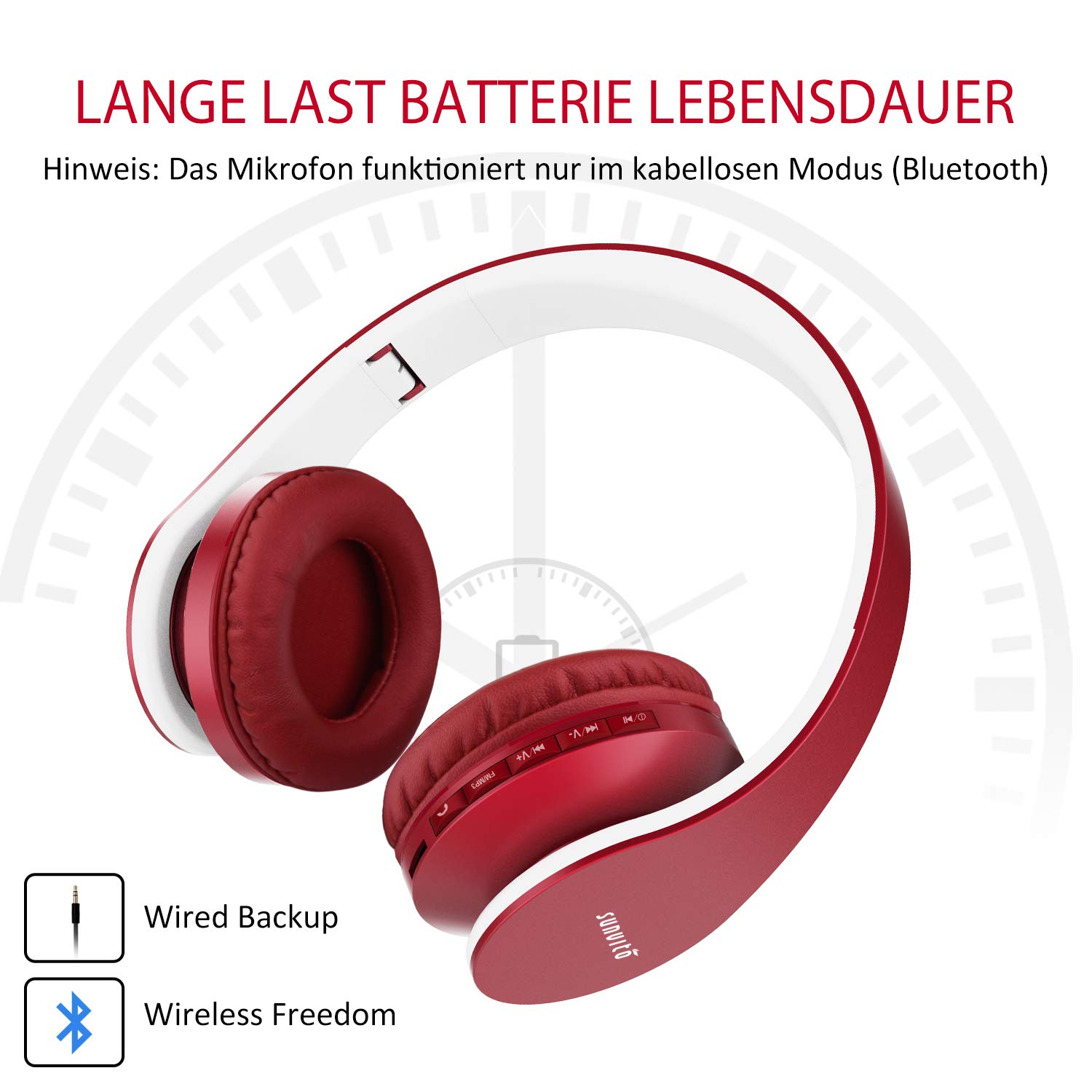 Bluetooth Kopfhörer, Sunvito Faltbarer Drahtloser Stereo Headset mit Mic, FM Radio Unterstützungs-TF Karte und Aux Spiel (Weinrot)