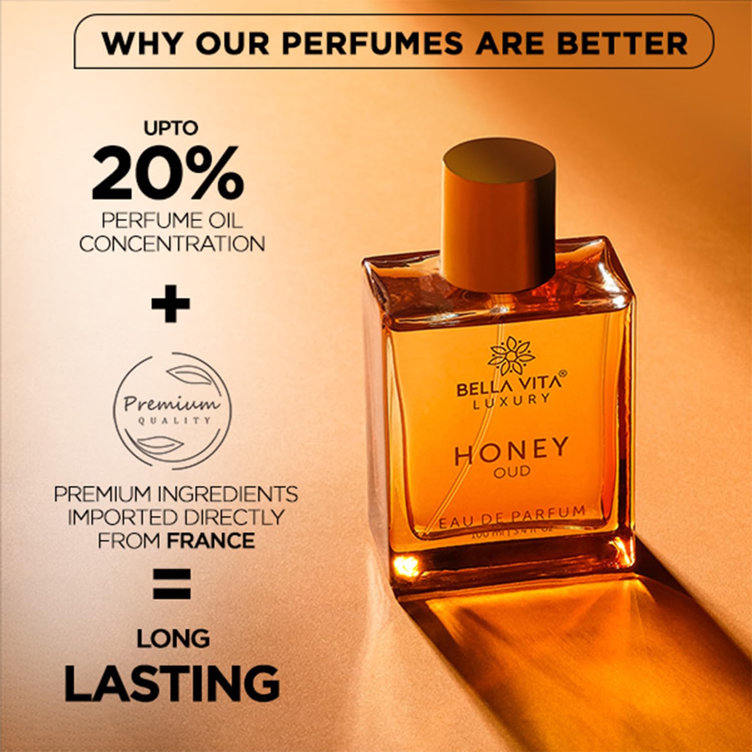 BellaVita Luxury Honey Oud Eau de Parfum (3.4 fl. oz.) | Patchouli, Vanilla, Bergamot, Floral & Spicy + Made with Clean & Vegan Essentials Oils + Cruelty Free | Long-Lasting Unisex Fragrance