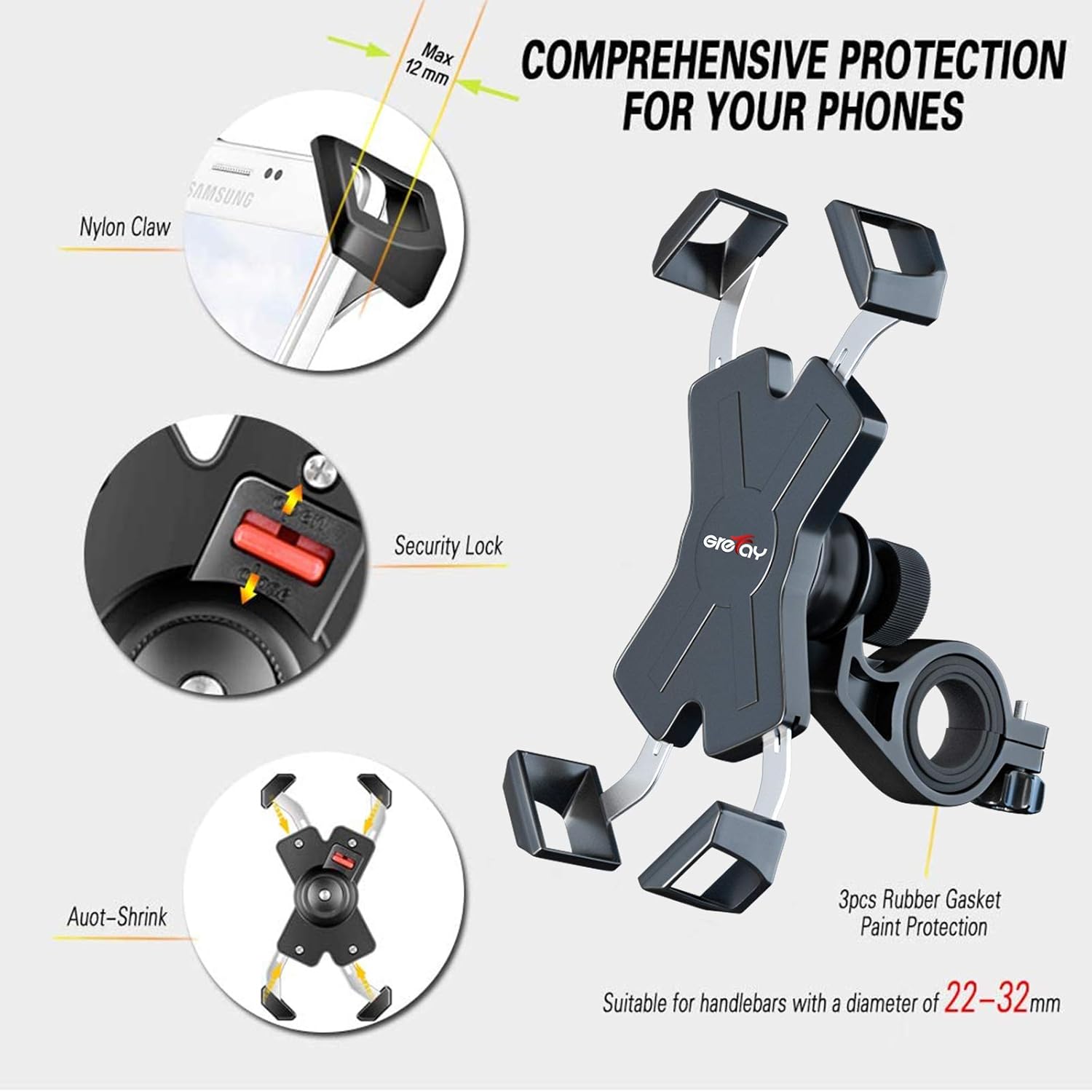 Grefay Bike Phone Mount Metal Motorcycle Handlebar Phone Holder Scooter Phone Clamp for 4.0-7.0 Inch Smartphone with 360° Rotation: Electronics