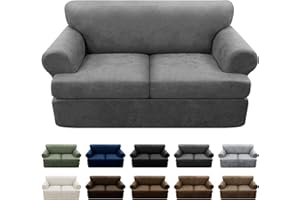 Pfrstuv 3-Pieces T Cushion Loveseat Slipcovers Leather Look Couch Cover Loveseat Covers for 2 Cushion Couch Furniture Protector Stretch Sofa Cover with 2 Individual T Cushion Seat Covers, Grey