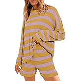 Balimtoy Women Striped Sweater Set Oversized Lounge Set Matching Pajama Sets Knit Long Sleeve 2 Piece Shorts Fall Outfits