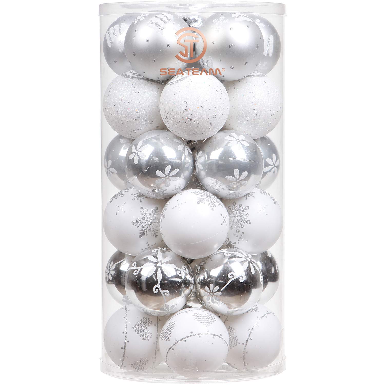 Sea Team 60mm/2.36" Delicate Contrast Color Theme Painting & Glittering Christmas Tree Pendants Decorative Hanging Christmas Baubles Balls Ornaments Set - 30 Pieces (Silver & White)