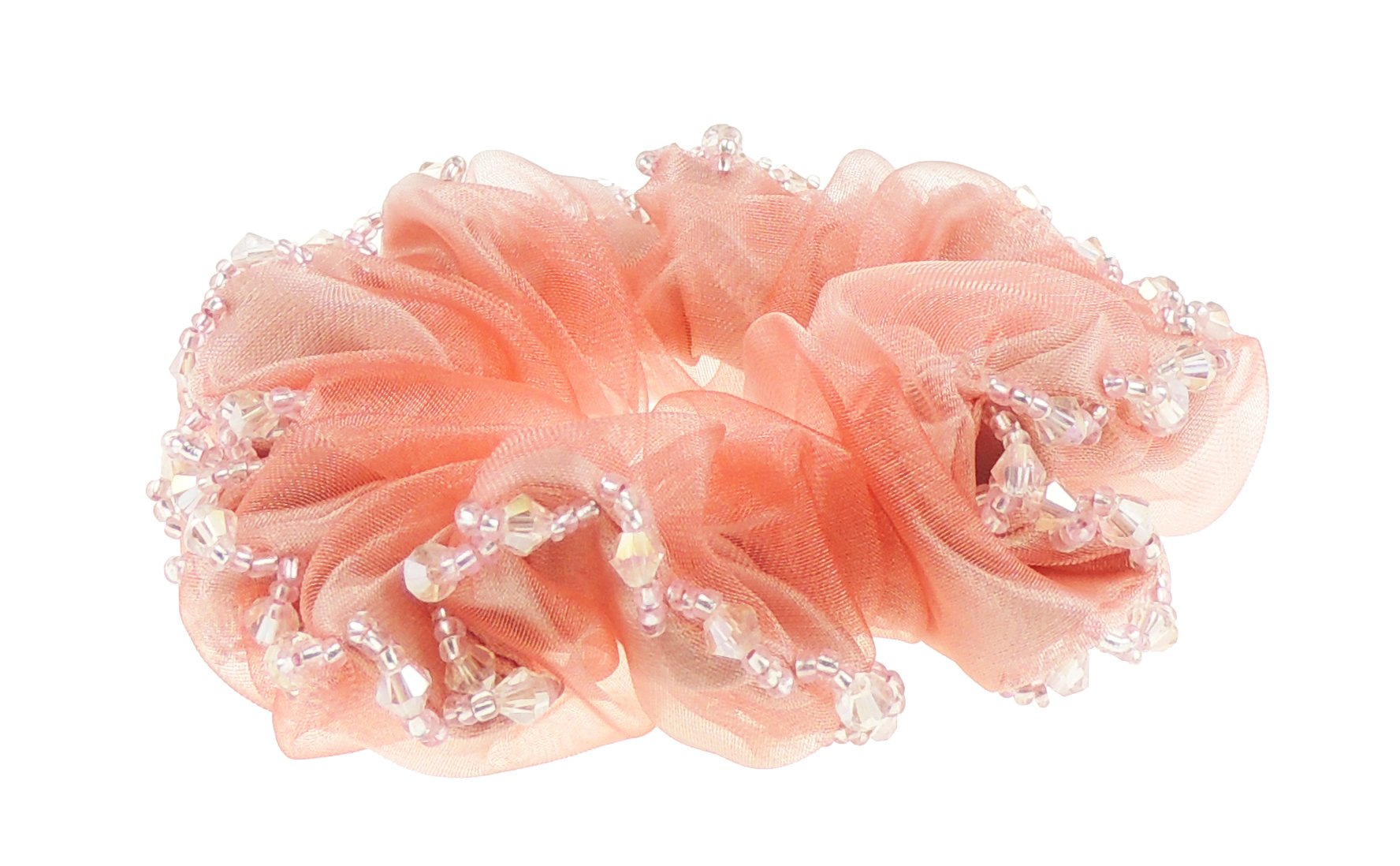Womens Girls Chiffon Beaded Floral Fabric Scrunchie Christmas Birthday Bridal Wedding Party Ponio Hair Tie Up Back Elastic Accessories Bobbles Ponytail Holder Rubber Bands (No Flower Coral Pink)