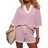 Sotimoon Womens Crochet Short Sets 2 Piece Outfits Half Sleeve V Neck Knit Top High Waisted Shorts Striped Pajamas Set