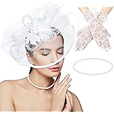 3 Pieces Fascinators Hats for Women Tea Party Hat Feathers Veil Mesh Hat Lace Gloves Pearl Choker Necklace Set for Wedding