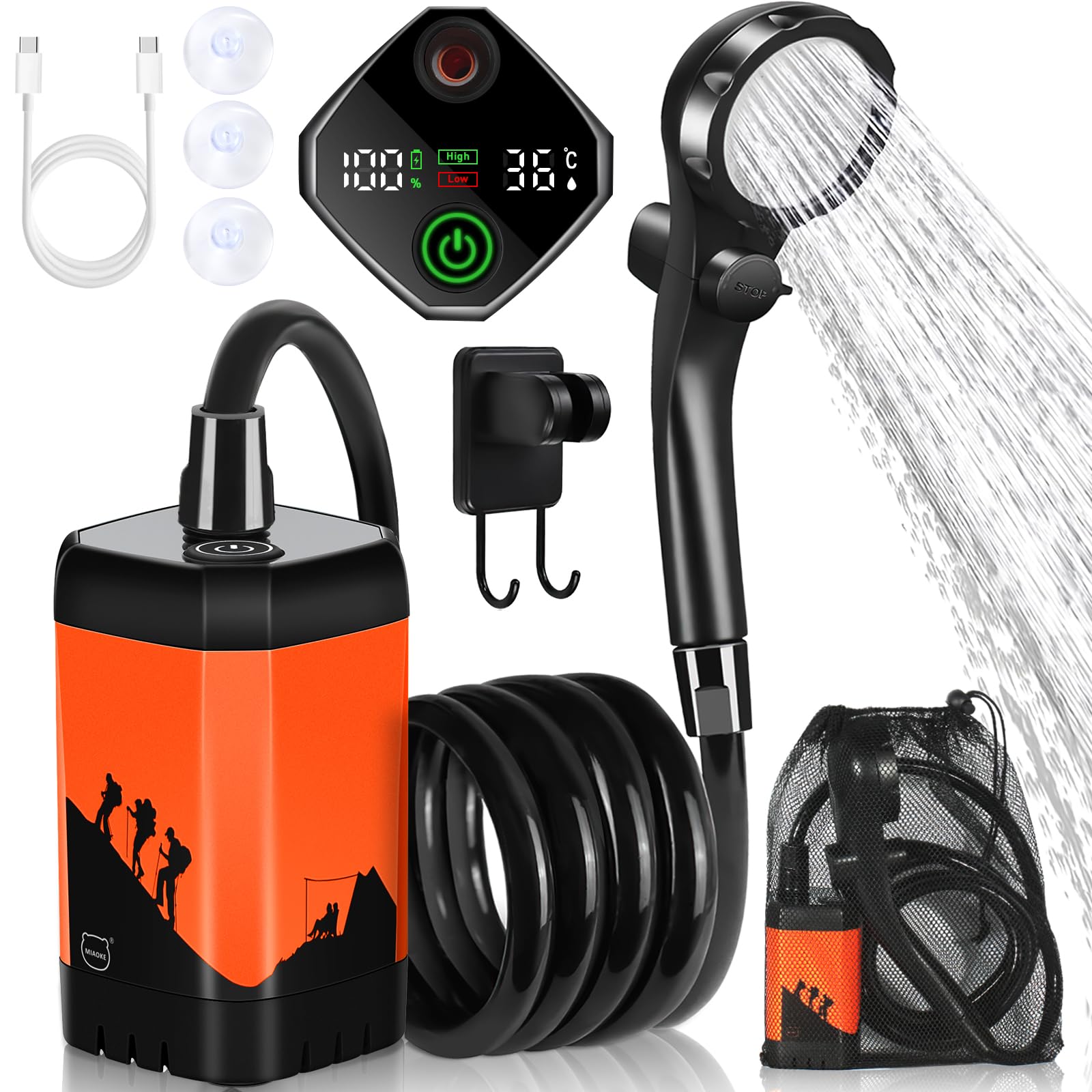 MIAOKE Upgrade Portable Camping Shower, 7800mAh Outdoor Electric Shower Rechargeable Pump with Intelligent Digital Display Temperature Display Shower Head for Camping, Hiking, Traveling/Orange