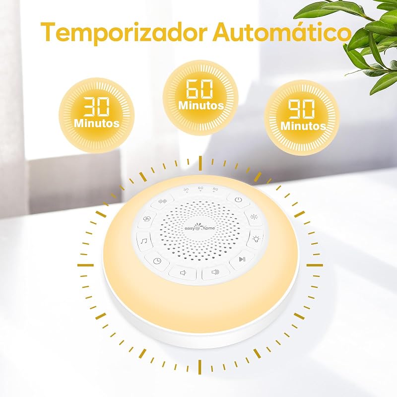 Máquina de Ruido Blanco para Dormir Bebé: Easy@Home Aparato de 26 Sonidos Relajantes con Luz Nocturna Ajustable Ambiental en Siete Colores & Temporizador丨Recargable por Tipo-C丨Blanco