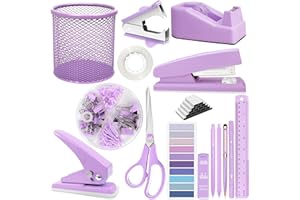 JIZHIYUAN 16Pcs Purple Desk Accessories- Purple Office Supplies with Stapler, Tape Dispenser, Pen Holder, Staple Remover, Hole Punch, Paper Clips, Pens, Cute Desk Set for Office Home School Women Christmas Gift