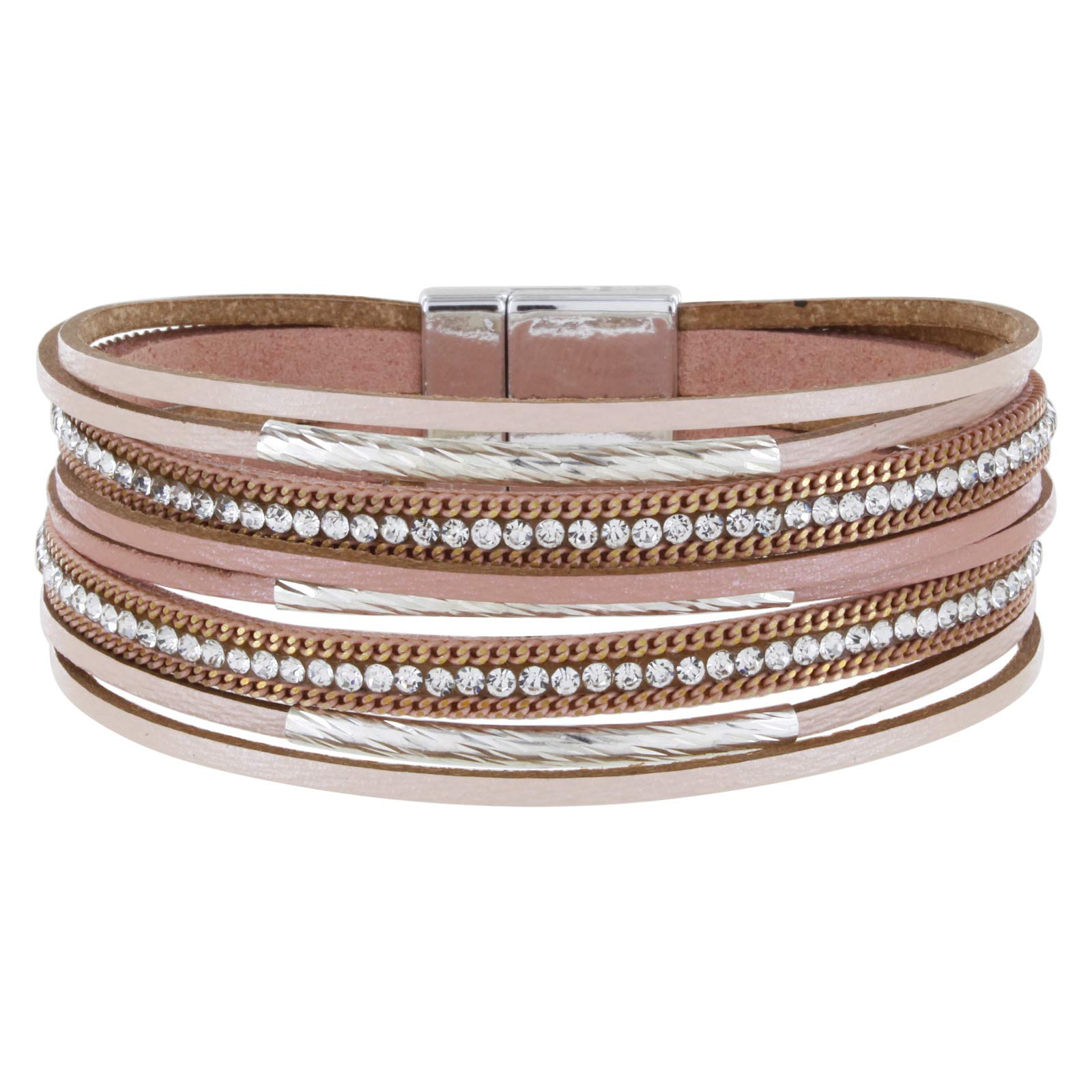 StarAppeal Women's Leather Bracelet with Rhinestones, Chains and Jewellery Elements Magnetic Clasp Silver, 19 centimeters, Leather, Rhinestones