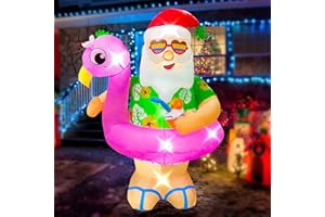 BLOWOUT FUN 6ft Chistmas Inflatables Hawaiian Laua Santa with Flamingo Pool Float Decoration, LED Blow Up Lighted Decor Indoor Outdoor Holiday Art Decor Decorations Clearance