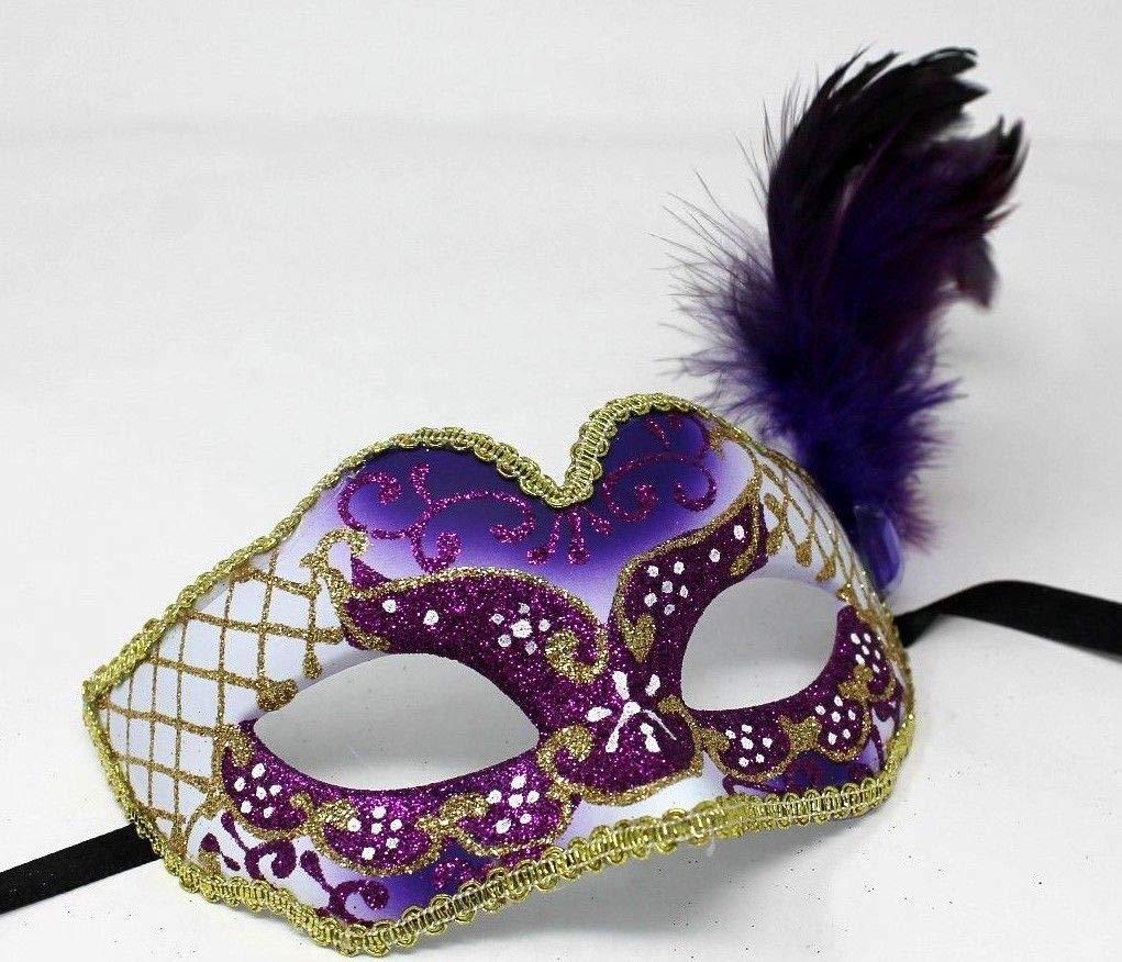 LADIES PURPLE & GOLD VENETIAN MASQUERADE HALLOWEEN CARNIVAL PARTY EYE BALL FEATHER MASK