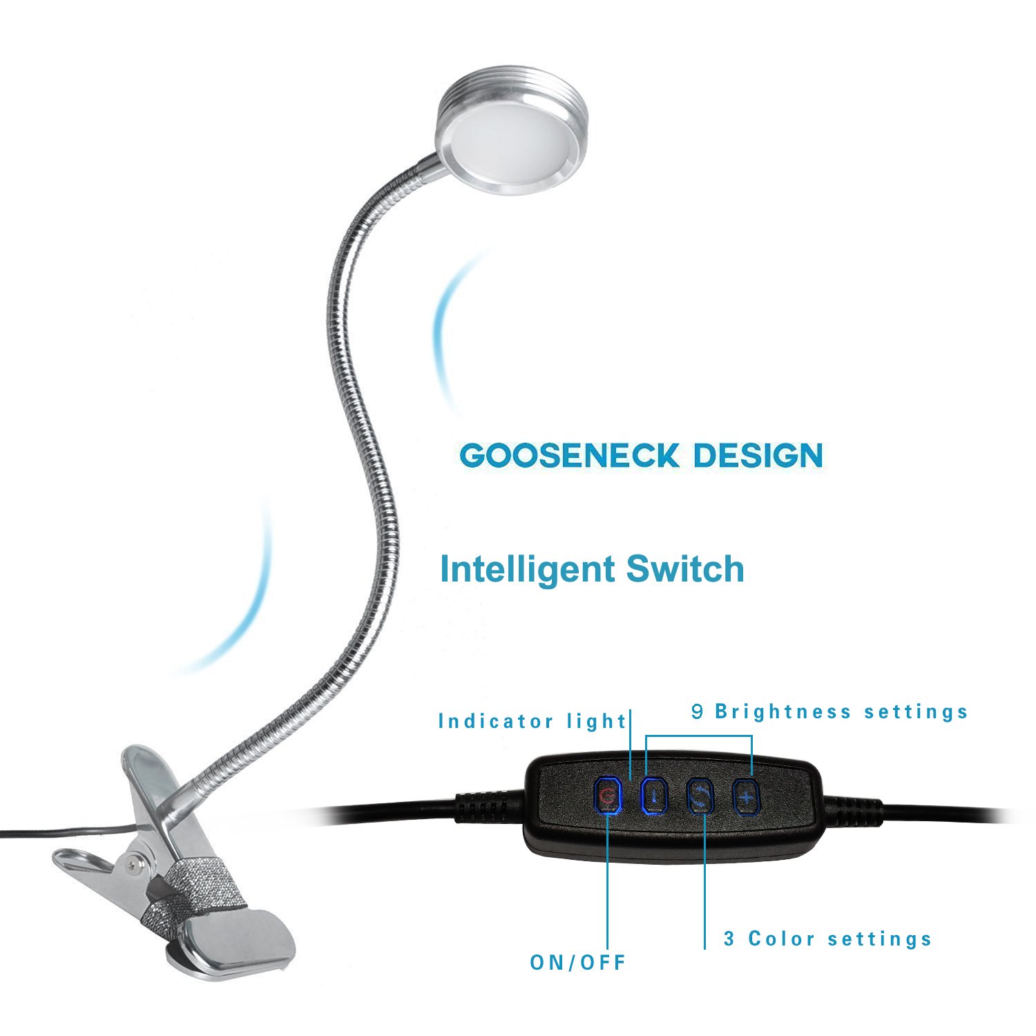 LED Reading Light, Dimmable Clamp Lamp for Bed Headboard, Bedroom