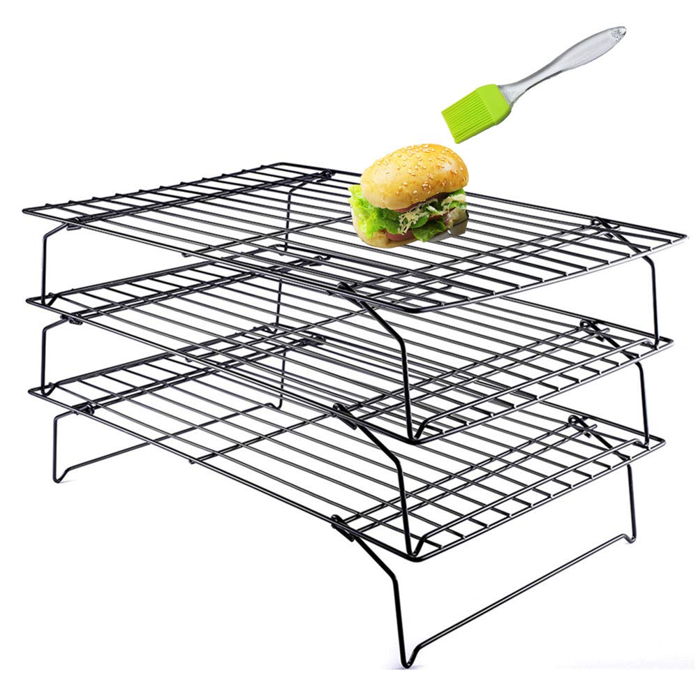 KeepingcooX 3 Tier Non Stick Cake Cooling Rack | Space Saving Stackable Wire Trays with Collapsible Legs for Cakes and Biscuits, 25 x 40 cm, Plus Multi-use Silicone basting Brush