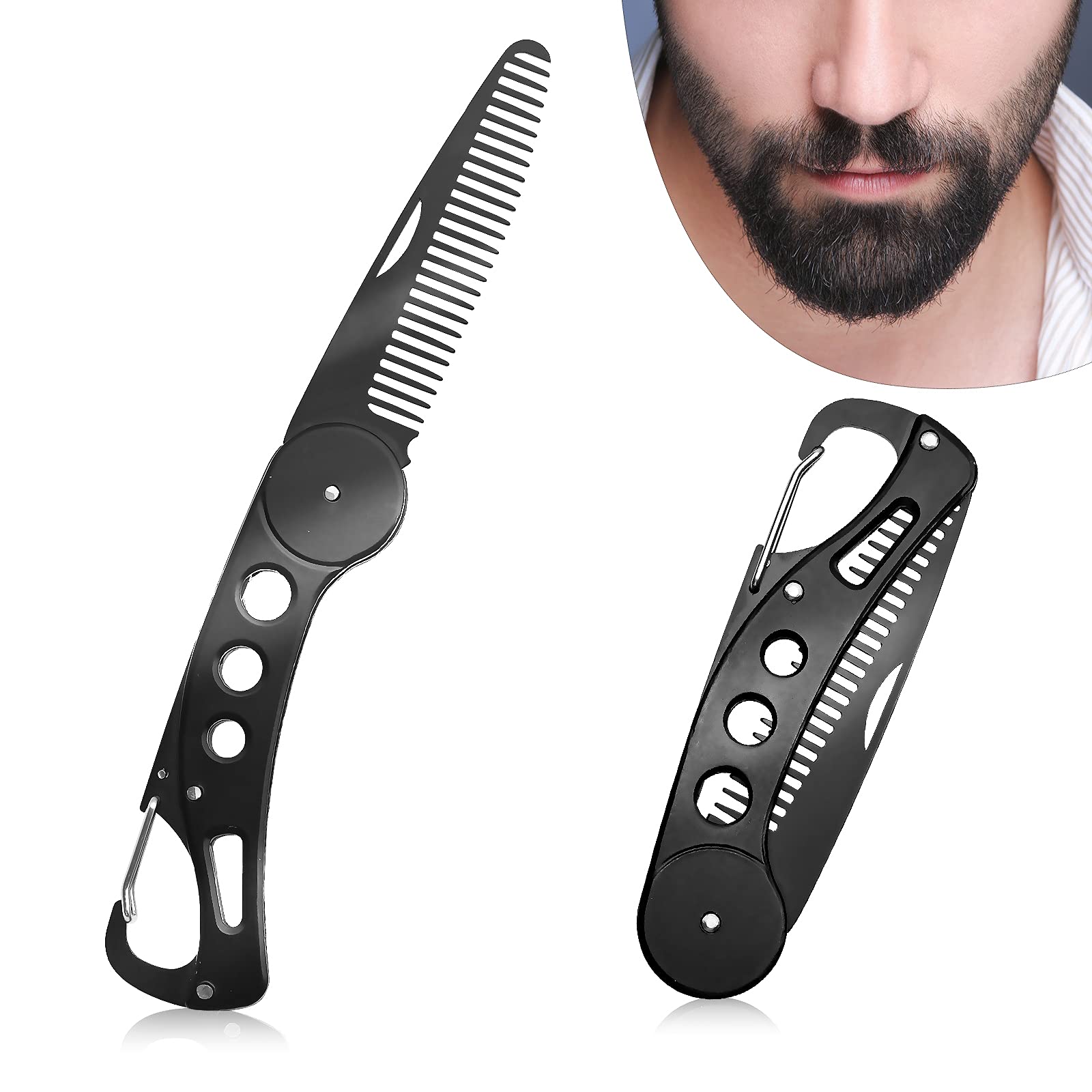 Steel Beard Comb for Men - Folding Pocket Comb for Grooming Hair, Beards & Mustaches - Anti-Static Styling Tool, 9.5 * 3 * 1.5 cm