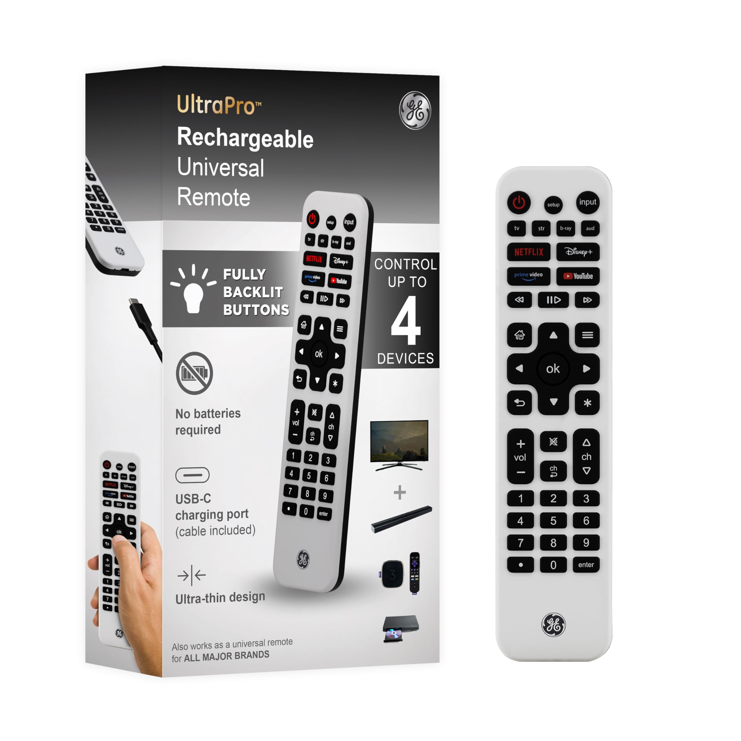 Photo 1 of GE Rechargeable TV Remote Control, Universal Remote Control, Backlit Buttons, Samsung TV Remote Control Replacement for Smart TVs, Apple TV, Sony, Roku Replacement Remote, LG TV, 4-Device, 80984