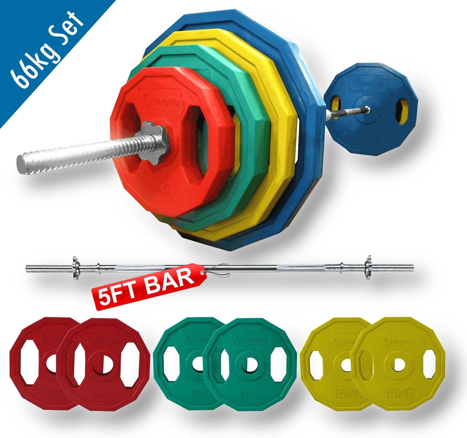 BodyRip 66kg Polygonal Weight Plates and 5FT 1" Standard Barbell Set