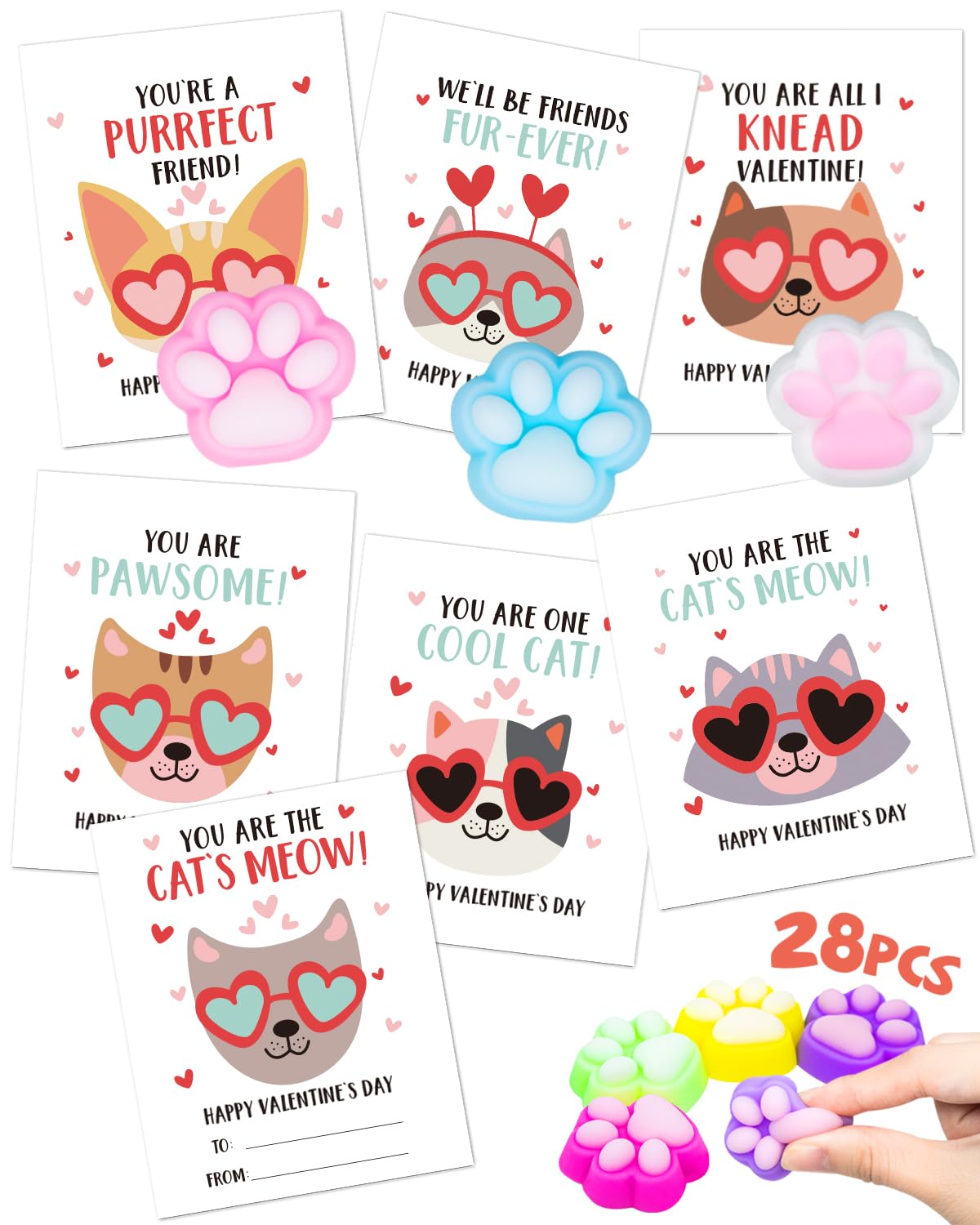 yocjoky Valentines Cards for Kids Classroom - 28 Packs Valentines Day Gifts for Kids with Cat Paw Squishy - School Class Exchange Gifts Mochi Toys for Boys Girls Toddlers