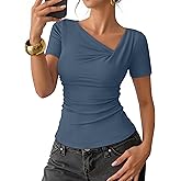 ZESICA Womens Summer Asymmetrical T Shirts Ruched Fitted Short Sleeve Y2K Going Out Tops 2026 Spring Fashion Vacation Outfits