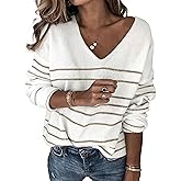 SunnyMelody Womens Cute V Neck Striped Sweater Fall Outfits 2025 Trendy Pullover Sweaters Top - Lightweight, Loose Fit