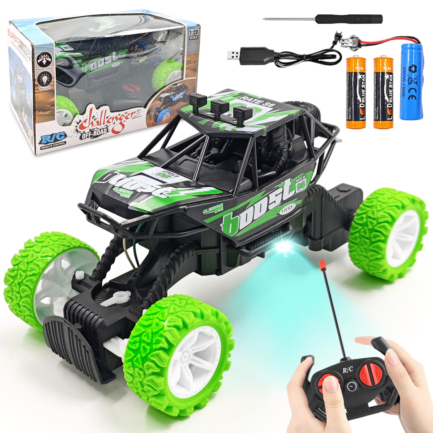 HATFRYF Remote Control Cars, Kids RC Cars High-Speed Off-Road Race Car with Rechargeable Battery, Stunt Car, LED Radio Controlled Truck Toy for Kids Christmas Birthday Gifts for Aged 4 and Up-Green