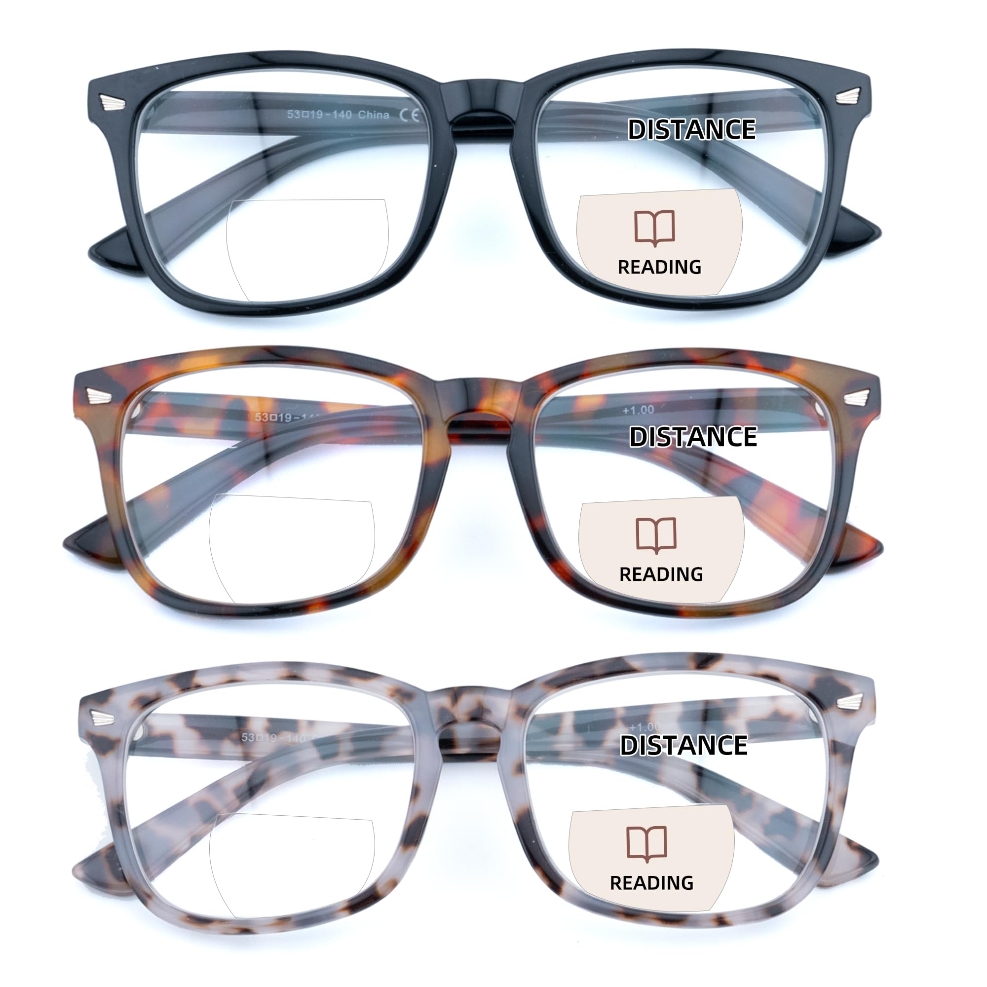 Photo 1 of FEIVSN 3 Pack Bifocal Reading Glasses for Women Men Bi-focal Readers PC Frame Fixed Hinge Dual Focal Clear Top Eyewear,+1.50