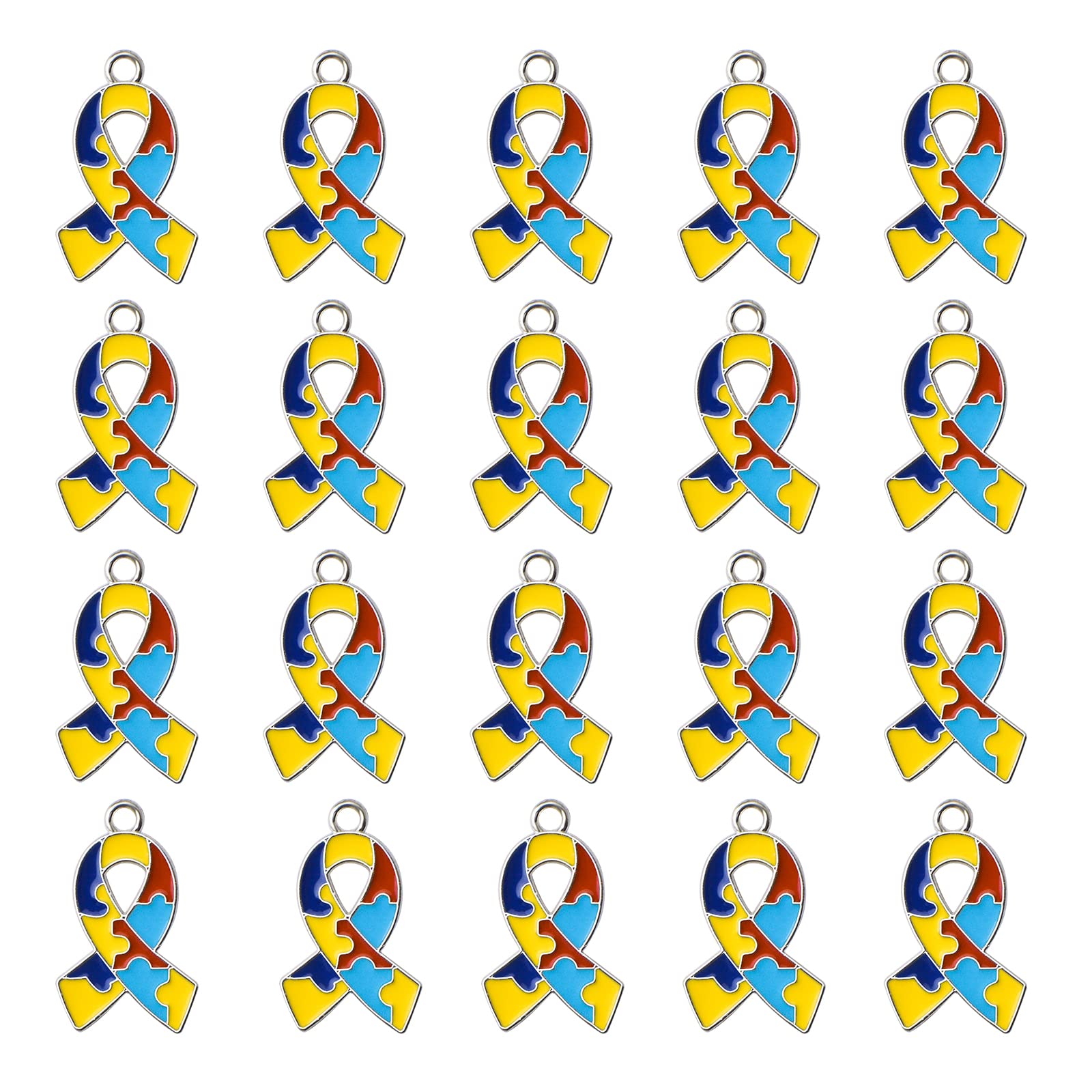 WANDIC Ribbon Autism Awareness Charms, 20 pieces Autism Charm Pendants with Semi-opening Rings Puzzle Design Charms for DIY Necklace Keychain Bracelets