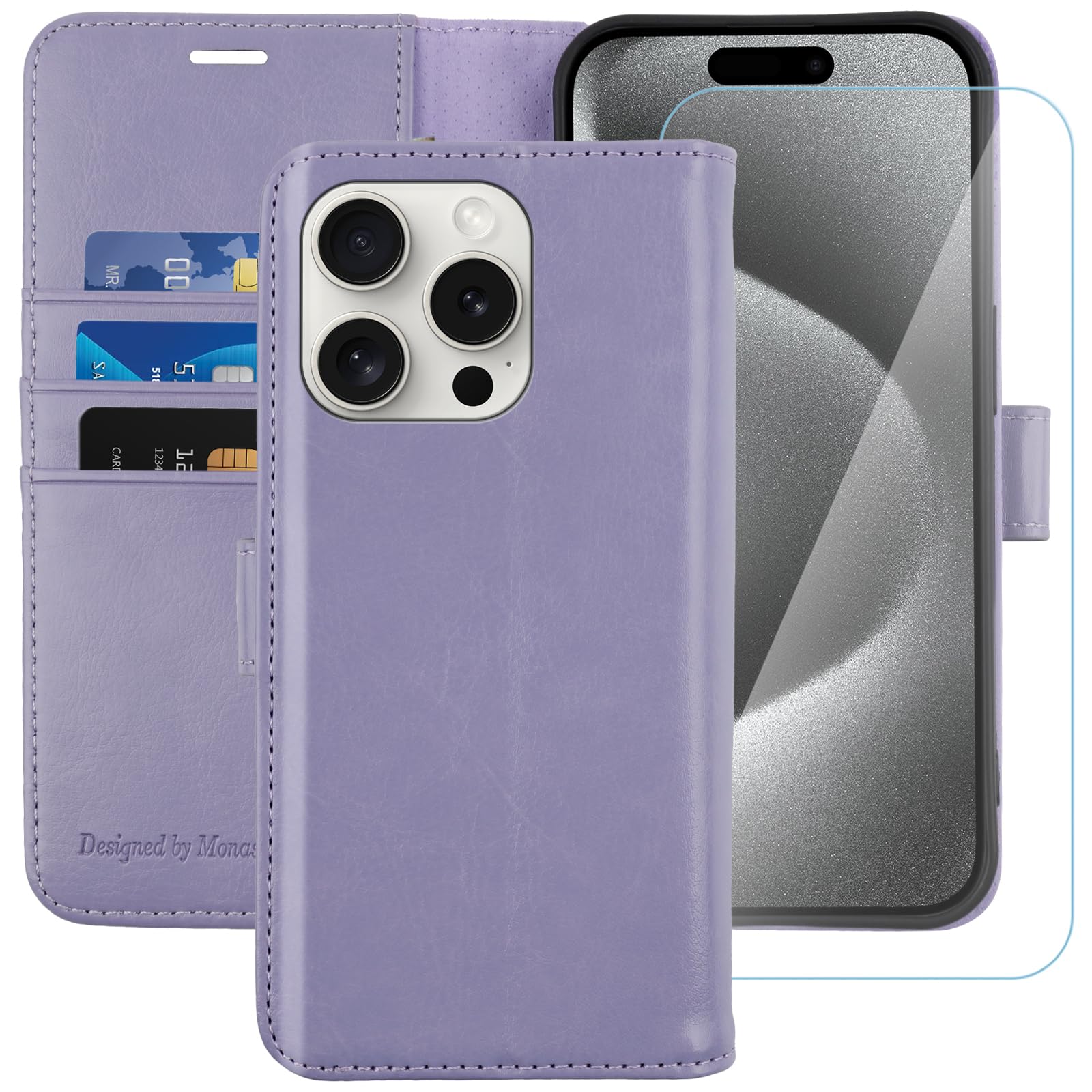 MONASAY for iPhone 15 Pro Max 5G Wallet Case,6.7-inch, [Glass Screen Protector Included] [RFID Blocking] Flip Folio Leather Cell Phone Cover with Credit Card Holder, Lavenders