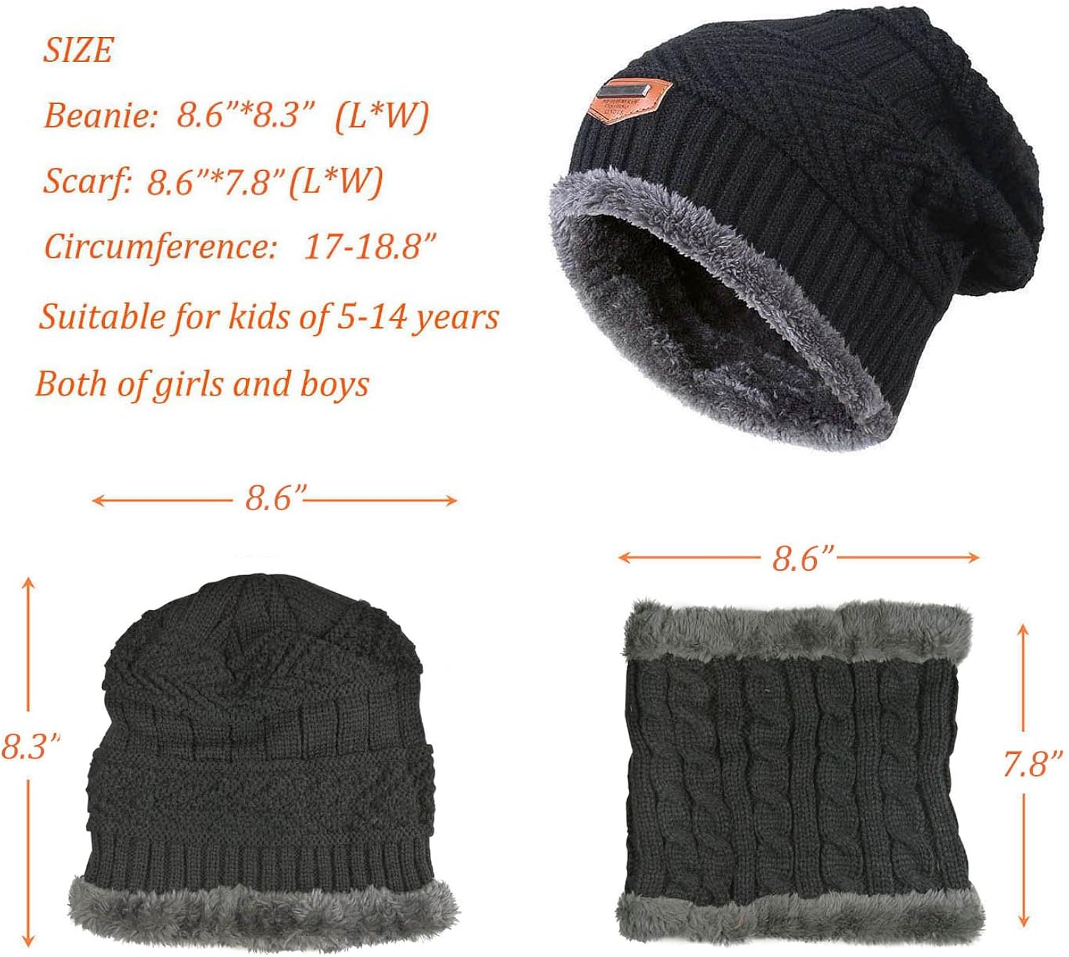 Winter Hat Scarf for Boys Girls Kids (5-14 Years) Slouchy Beanie Windproof Warm Knit Snow HINDAWI Infinity Scarf Skull Cap Navy Blue: Clothing