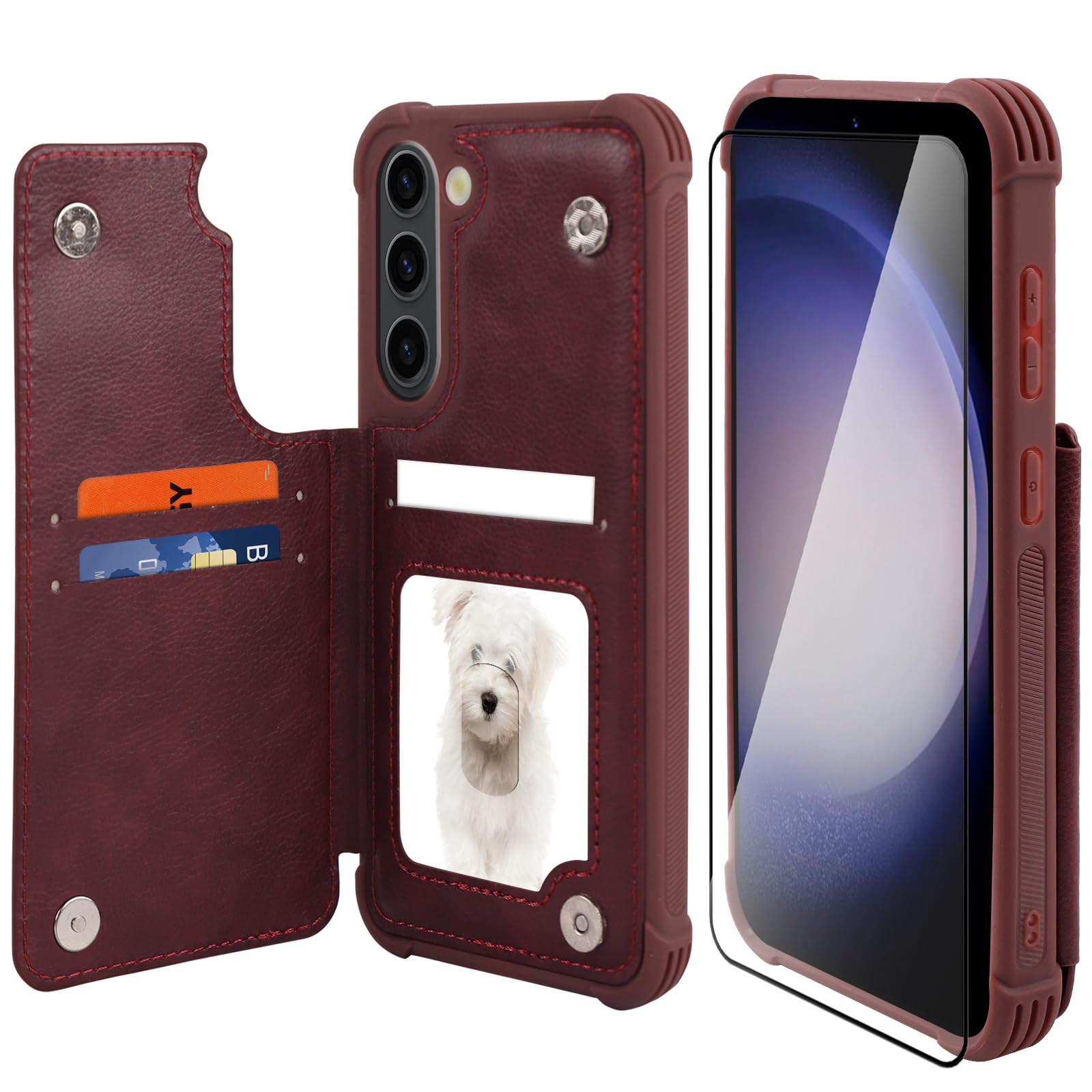 VANAVAGY Wallet Case Compatible for Galaxy S23+ Plus for Women and Men,Leather Flip Folio Phone Cover Fits Magnetic Car Mount with Credit Card Holder,Burgundy
