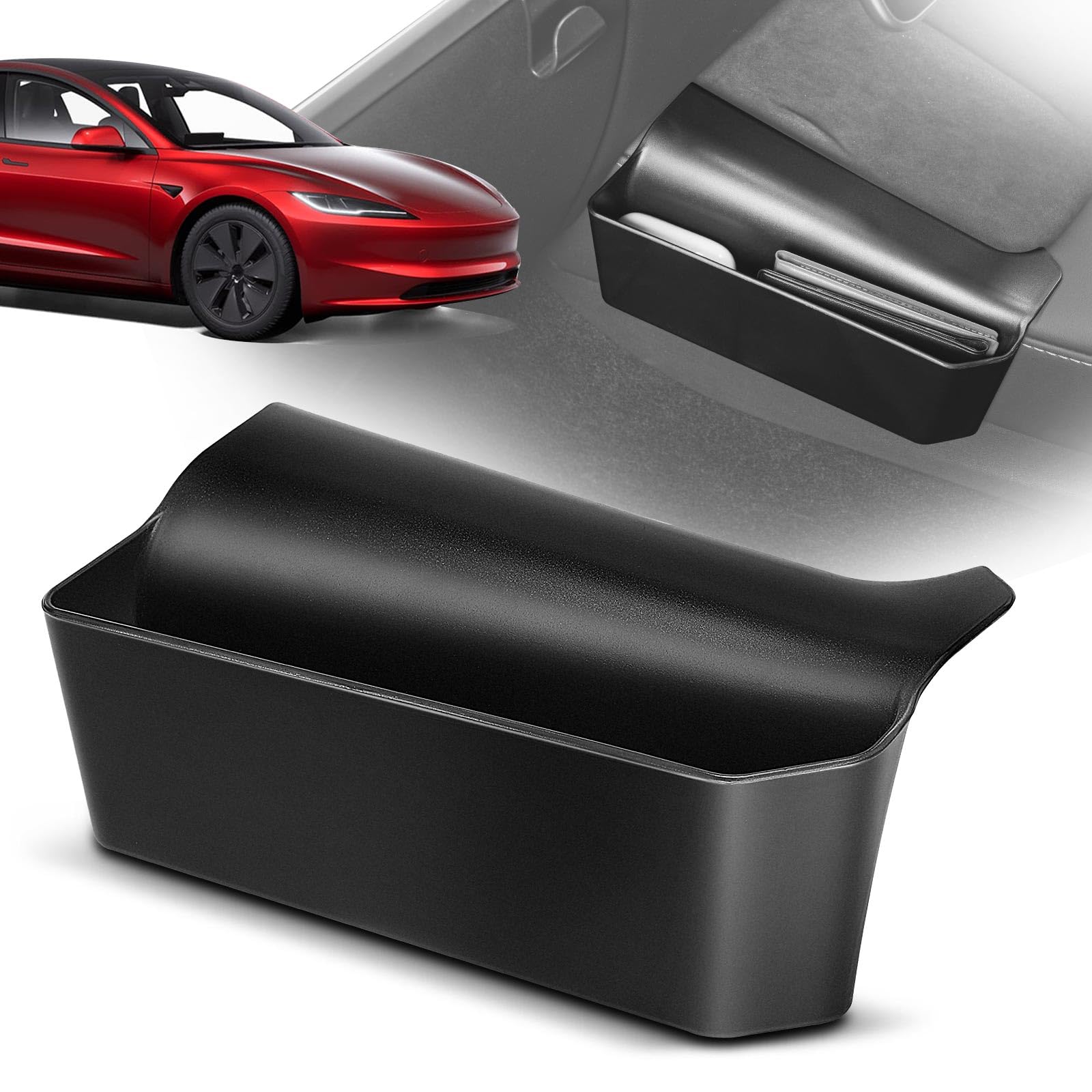 Photo 1 of YHTAUTO Center Console Left Side Organizer Fit for Tesla Model 3 2017-2024, Model Y 2020-2024, Center Console Storage Box with Tape Sunglass Holder - Matt Black